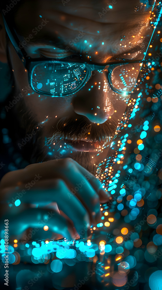 Poster photo realistic of electrical engineer inspecting circuit board for design flaws to ensure optimal f