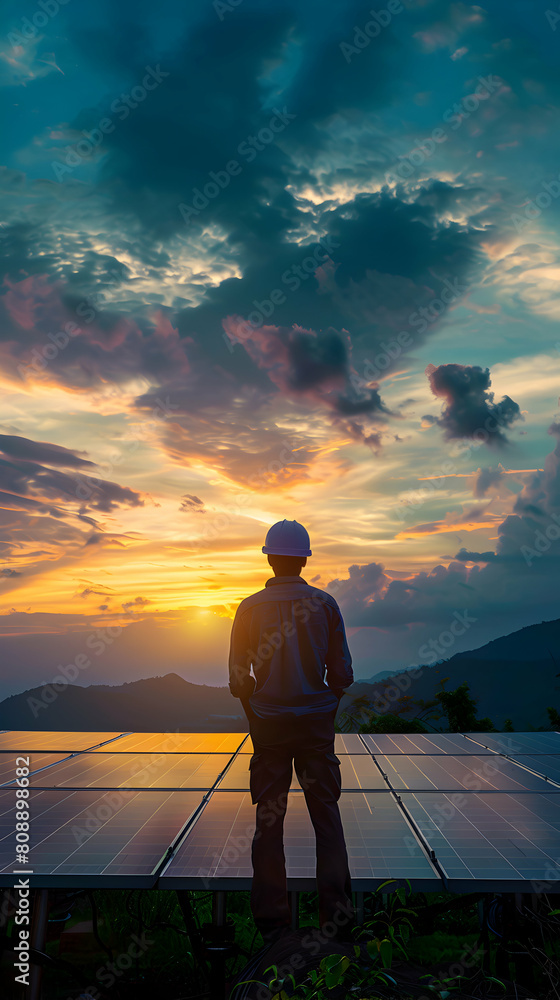 Poster professional electrical engineer monitoring high-efficiency solar panel array for renewable energy s
