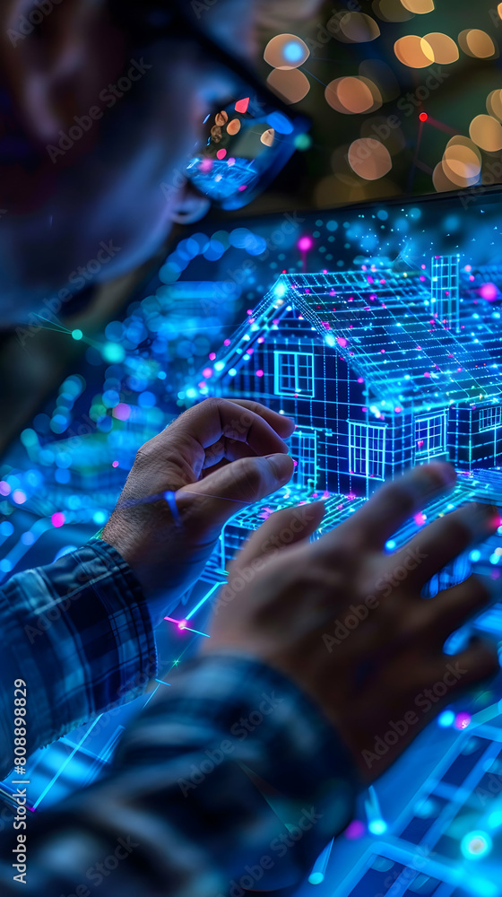 Poster photo realistic image of an electrical engineer reviewing smart home automation systems, configuring
