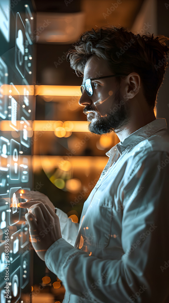 Poster electrical engineer reviewing smart home automation systems for device integration and network secur