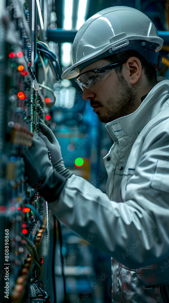 Poster electrical engineer testing battery backup systems for power continuity during grid disruptions