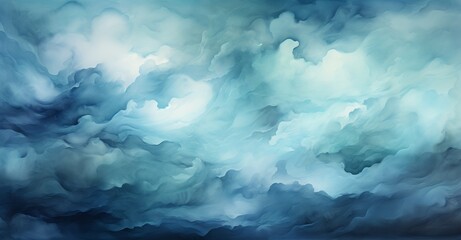 Surreal artistic rendering of a cloudscape scene, featuring swirling blues and grays, creating a dreamlike atmosphere suitable for backgrounds or creative design projects