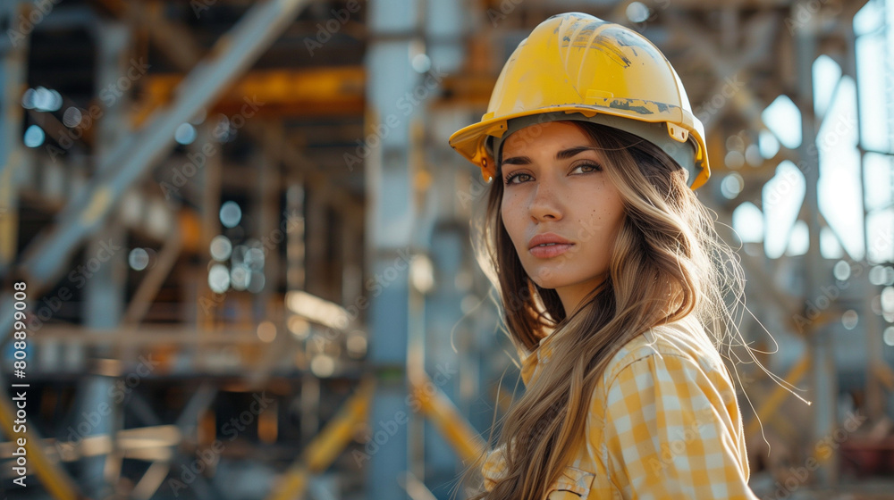 Wall mural portrait of construction female worker mature woman with helmet