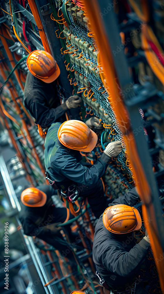 Poster photo realistic depiction of electrical engineers installing wiring throughout a building to ensure 