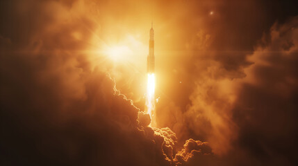 A rocket is launching into the sky, leaving a trail of smoke behind it. The image has a sense of excitement and wonder