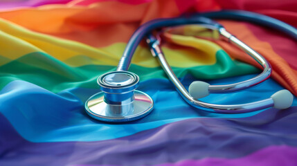 Rainbow pride flag and stethoscope. Transgender and LGBTQ+ healthcare and mental health concept. Stock Photo photography