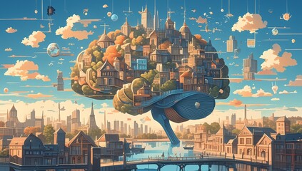 A detailed illustration of the human brain with various elements representing different parts, such as buildings and cityscapes inside it. 