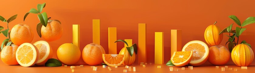 A variety of oranges are arranged on an orange background with orange 3D bars. The image is a still life and has a minimalist style.