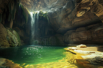A stunning view of waterfall in a green pool between two rocks, with lush vegetation and clear water. - Powered by Adobe