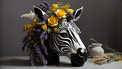 A black and white zebra-striped vase shaped like a horse's head is sitting on a wooden table.