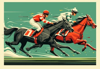 Naklejka premium A flat illustration of horse racing, showing three horses with jockeys in the middle distance, against a green background, created with simple lines and shapes and a warm color palette.