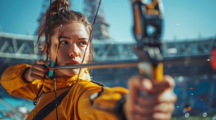 Archer female athlete closeup. Archery sport Olympic games 2024