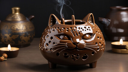 A brown ceramic cat-shaped incense burner with a hole in the top and cutouts in the front for the...