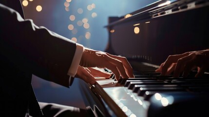 young talented male in formal suit professionally play piano. classical music performer practice...