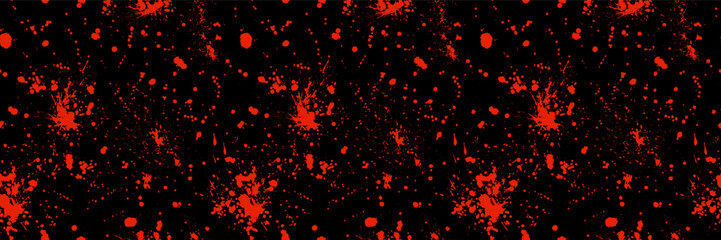 Red blood splatter sprinkle seamless pattern. Ink drops and dots on black background. Vector Halloween horror backdrop. Endless dribble drizzle texture. Wrapping paper, fabric design, textile pattern