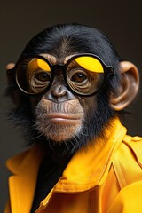 A Confident Mature Orangutan Sporting Fashionable Oversized Sunglasses and a Bright Orange Raincoat, Presenting a Bold Statement Against a Dark Background