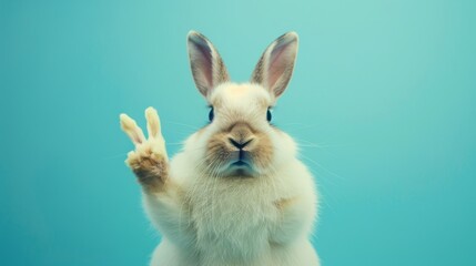Whimsical White Rabbit with Ears Split and Paws Up, Posing on a Vibrant Blue Background, Full of...