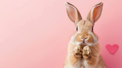 A Cute Rabbit Expressing Curiosity Holding a Pink Heart, Against a Soft Pink Background