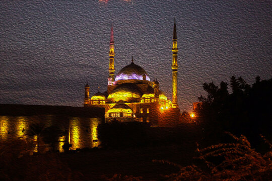 Abstract Art Illustration graphic design, Mohamed Ali Mosque at Salah Eldin Citadel, Cairo Egypt, digital dynamic lighting at night