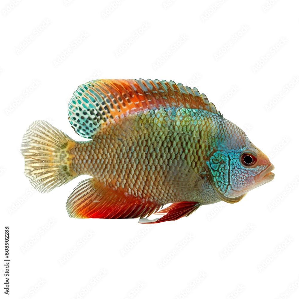 Wall mural side view of a flowerhorn cichlid swimming isolated on a white transparent background