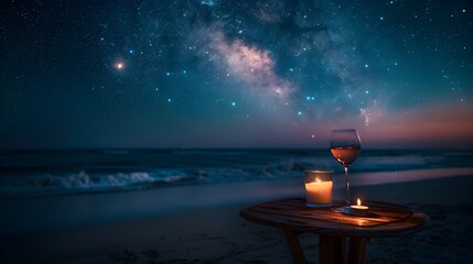 Peaceful Solitude on a Starry Beachside Evening with a Single Candle and Glass of Wine Overlooking the Milky Way