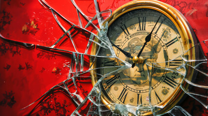 Close-up shot of a broken wall clock with currency symbols, symbolizing the critical time and...
