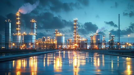 Fototapeta premium Oil and gas power plant refinery with storage tanks facility for oil production or petrochemical factory infrastructure and oil demand price chart concepts. Generative AI.