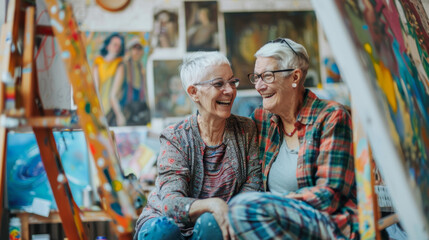 Obraz premium Senior artist gay couple couple painting at art gallery school - Lesbian family, LGBTQ concept Stock Photo photography