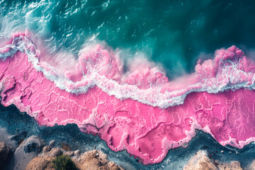 A turquoise ocean with a ribbon of pink waves flows along a minimalistic shore. Horizontal background for photos postcard texture.