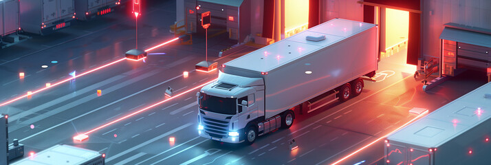 isometric view of a white truck with a trailer at the entrance to an industrial area, the truck going through a gate and a red light flashing on a door of a loading dock in the background, cinematic, 