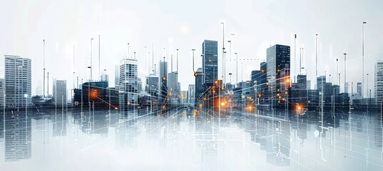 Cityscape building skyline on white background. Urban downtown metropolis panorama. Generative AI technology.