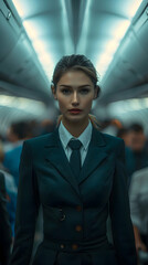 Photo realistic as Flight Attendant Assisting Passengers in the Cabin, Showcasing Essential Hospitality and Safety Role on Every Flight