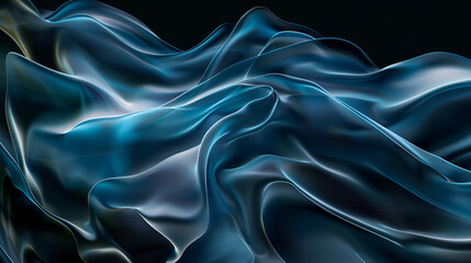 Abstract shapes, flowing fabric, dark background, blue and purple gradient color scheme, Glossy metallic surface with flowing curves. Fluid waves of pink and blue