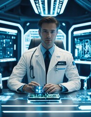 zoom out on white male star command Doctor wearing a sleek futuristic uniform is in a bright white lab working on hi tech on an alien starship, 8K, tron, realistic