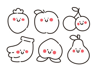 Set of hand drawn outline illustrations of fruit concepts in doodle style. The strawberry, apple, cherry, banana, peach, and pear characters have cute facial expressions.