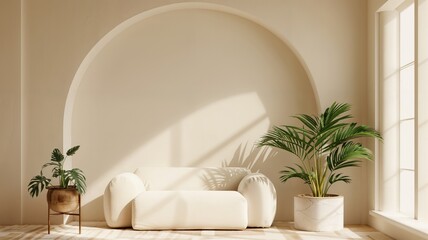 Modern home sofa, simple minimalist interior design with plants, beige neutral colors, arched window