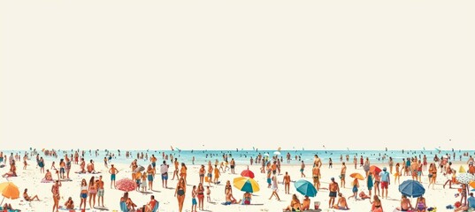 Fototapeta premium People crowd at beach with white sky background. Summer holiday vacation. Generative AI technology.