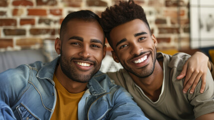 Smiling gay men looking at camera while sitting on floor at home Stock Photo photography