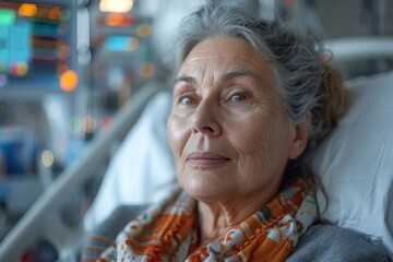 Obraz premium An elderly woman with grey hair lies in a hospital bed, serene amid medical equipment