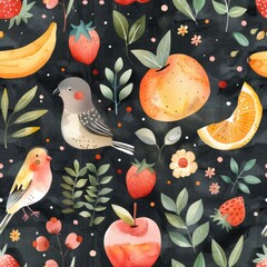 Charming Watercolor Illustration of Birds, Fruits, and Floral Elements on Dark Background
