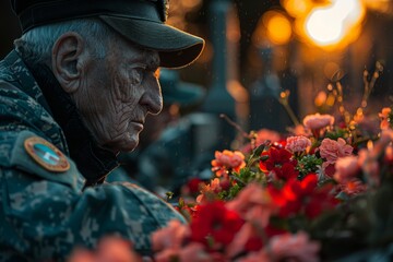 A serene image capturing an elderly man beside vibrant flowers illuminated by the warm golden hour sunlight