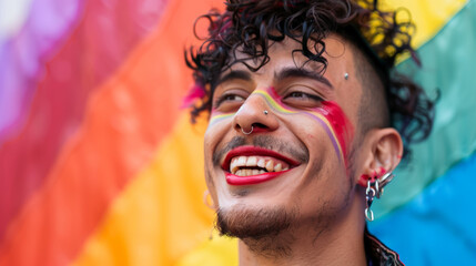 Smiling young gay man with make up standing against pride flag. Man with red lip stick and earring laughing in front of rainbow flag of gay pride. Stock Photo photography