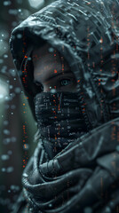 Guarding Against Cyber Threats: Photo-realistic Hacker Surrounded by Binary Code