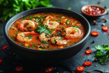 Spicy shrimp soup with a sprinkle of herbs in a black ceramic bowl set on a dark slate with chili garnish