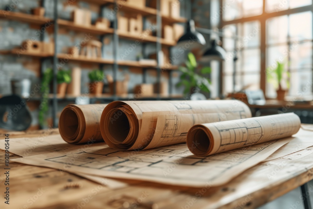 Poster blueprints rolled up on a desk hinting at the planning phase of an architectural project