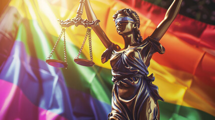 Statue of Justice - symbol of law and justice with lgbt flag. Lgbt rights and law Stock Photo photography