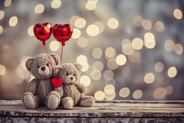 Background with teddy bears on blurred background with boho style lights. Two teddy bears with spruce heart balloons.  Valentine's Day. Concept of love and romance. Quiet luxury. 