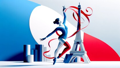 Rythmic Gymnast athlete with ribbon and France flag, Olympic games 2024