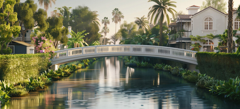 A photorealistic depiction of the famous white bridge over an elegant canal in Los Angeles, surrounded by lush greenery and palm trees, with traditional houses on either sides. The scene captures the  - Powered by Adobe