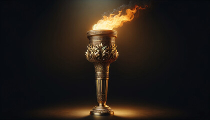 a ceremonial torch with an intricate gold design on its body, flames licking the air from its top